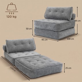 Poltrona-Cama Individual, 100 x 95 x 84 cm, Convertível 3 em 1, Cinzento-Claro