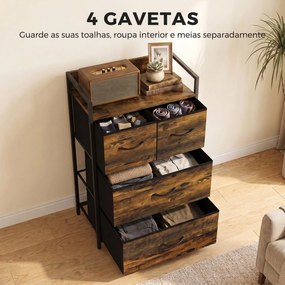 Cómoda com 4 Gavetas em Tecido para Quarto com Prateleira Superior e Estrutura Metálica Castanho Rústico
