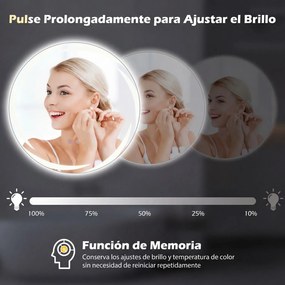 Espelho LED redondo de 80 cm para casa de banho, com luzes em 3 cores, antiembaciamento e luz traseira regulável, prateado