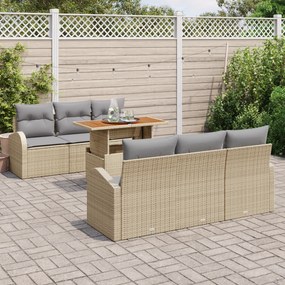 Conjunto de Sofá de Jardim de 7 Peças com Almofadas Bege Rattan Poliés