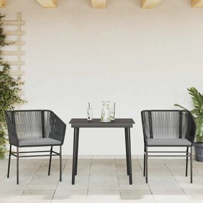 3 pcs conjunto jantar jardim almofadões vime PE vidro preto