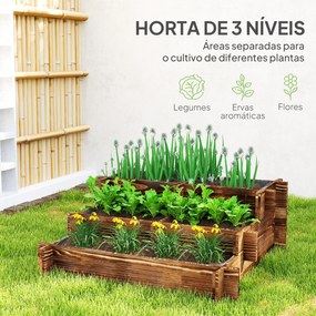 Caixa de Plantio de Madeira de 3 Níveis com Malha Geotextil para Cultivos de Plantas Flores Exterior 93x93x35 cm Carbonizado