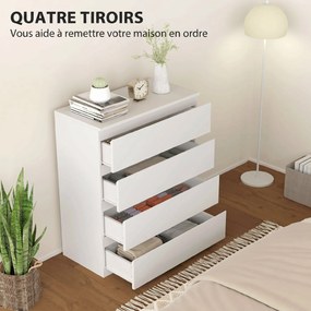 Cómoda com 4 gavetas 80 x 39 x 95 cm,, móvel de arrumação de linhas simples para o quarto, interior, em aglomerado branco