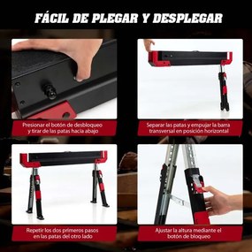 2 cavaletes dobráveis de aço com 2 x 4 braços de suporte Altura ajustável 61,5-82,7 cm Cavaletes portáteis para serras até 1180 kg Preto + vermelho