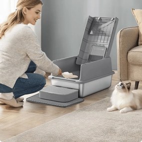 Caixa de areia para gatos 60 x 40 x 38 cm em aço inoxidável com tampa e acessórios, cinzento
