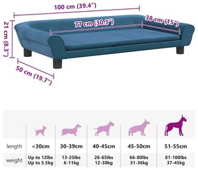 Cama para cães 100x50x21 cm veludo azul