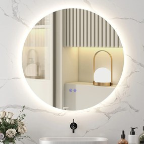 Espelho redondo de casa de banho com iluminação LED, Ø 80 cm, de parede, com interruptor tátil e sistema antiembaciamento branco, prateado