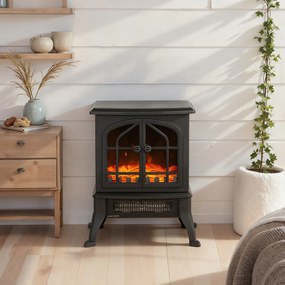 Lareira Elétrica 900/1800W 39x24x48 cm com Efeito Chama 3D 2 Níveis de Potência Termóstato Ajustável  para 15-30 ㎡  Preto