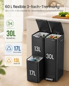 Caixote do lixo de cozinha com pedal e 3 compartimentos, 60 L, 46,7 x 39 x 71,9 cm, preto