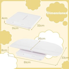 Balança digital para bebés 61 cm x 33 cm x 8 cm com bandeja removível para medir o peso e a altura com 5 unidades, desligamento automático e ecrã LED