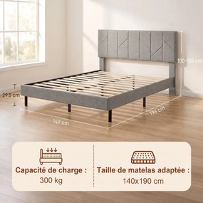 Estrutura de cama 140 x 190 cm (COLCHÃO NÃO INCLUIDO) com base e cabeceira ajustável, cama de casal estofada em linho, espaço de arrumação por baixo,