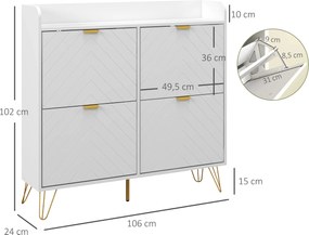Sapateira, Armário para sapatos com 4 portas basculantes, com prateleira ajustável, 106 x 24 x 102 cm, branco