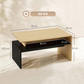 Mesa de centro 95 x 55 x 50 cm moderna bicolor com níveis deslocados e prateleira de arrumação , cor madeira natural e preta