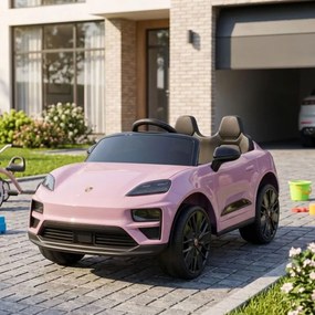 Carro elétrico para crianças até 5 anos Porsche Macan Turbo 12V, com bateria de lítio, Pneus de borracha, Controle remoto Rosa