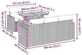 6 pcs conjunto sofás de jardim com almofadões vime cinzento