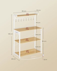 Armário de cozinha 40 x 80 x 140 cm com tomadas integradas e 4 prateleiras e 8 ganchos, cor de carvalho dourado e branco