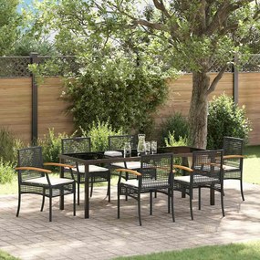 vidaXL Conjunto de Jantar de Jardim de 7 Peças com Almofadas Preto Vime PE