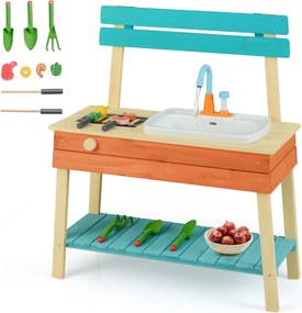 Cozinha de brincar para crianças com grelha, botão giratório, torneira e acessórios de jardinagem para 3 a 8 anos, azul