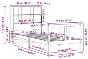 Cama com estante sem colchão 90x200 cm pinho maciço branco