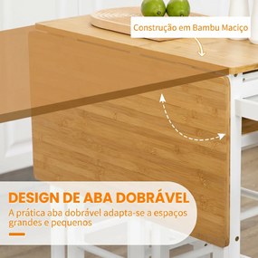 Conjunto de Mesa Alta de Bar e 2 Bancos com Rodas Mesa Dobrável de Cozinha com Bancos 86x75,5x83,5 cm Natural
