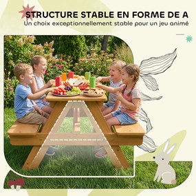 Conjunto de mobiliário de jardim infantil para exterior, mesa de piquenique infantil com bancos, estrutura em madeira maciça, madeira natural