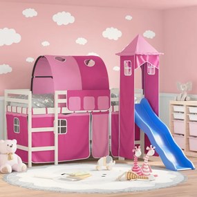 vidaXL Cama alta para criança com torre 80x200 cm pinho maciço rosa