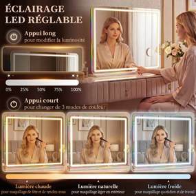 Espelho de maquilhagem iluminado 80 x 60 cm, espelho de Toucador com LED regulável, luz RGB, 3 temperaturas de cor, branco
