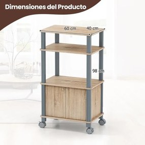 Carrinho de cozinha micro-ondas com rodas 60 x 40 x 98 cm, prateleiras e armário Natural