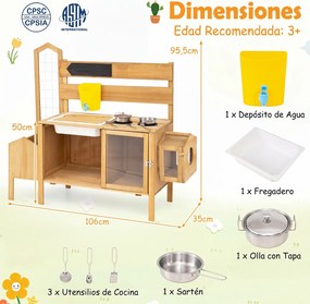 Cozinha de Brincar de Exterior, 106 x 35 x 95,5 cm, com Lava-Loiça, Natural
