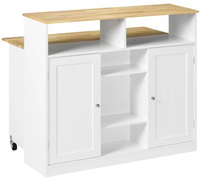 HOMCOM Ilha de Cozinha com Rodas Carrinho de Cozinha com Bancada de Madeira de Borracha Dobrável 2 Portas e Prateleiras Abertas 110x66x97 cm Branco e Madeira