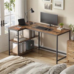 Secretária com espaço de arrumação, em L 120 x 80 x 76 cm, prateleira ajustável em altura castanha