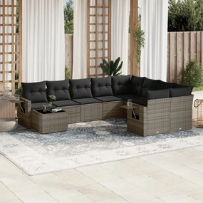 10 pcs conjunto sofás de jardim c/ almofadões vime PE cinzento