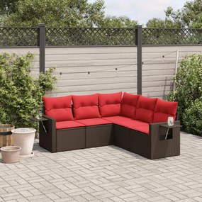 vidaXL 5 pcs conjunto sofás p/ jardim c/ almofadões vime PE castanho