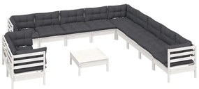12 pcs conj. lounge de jardim c/ almofadões pinho maciço branco