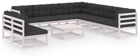 vidaXL 10 pcs conj. lounge de jardim c/ almofadões pinho maciço branco