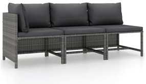 3 pcs conjunto lounge de jardim c/ almofadões vime PE cinzento