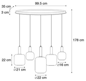 Candeeiro suspenso preto com ouro e vidro fumê oval 5 luzes - Zuzanna Moderno