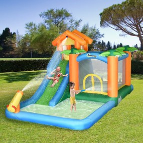Outsunny Castelo Insuflável com Escorrega Trampolim Piscinas e Pistola de Água para Crianças acima de 3 Anos com Inflador e Bolsa de Transporte para Interior Exterior 550x285x260cm Multicor