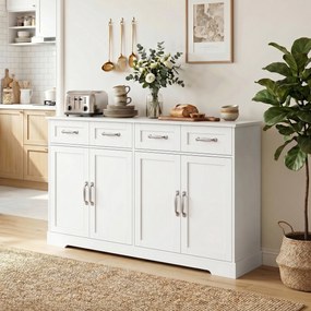 Móvel de Cozinha Shaker, 140 x 38 x 80 cm, 4 Gavetas e 4 Portas, Branco