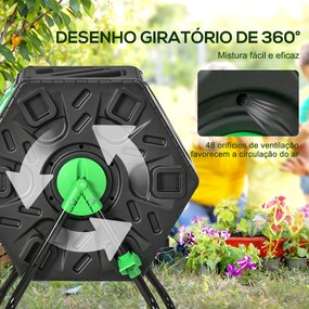 Compostor Giratório de 65L Recipiente de Compostagem de Jardim com Câmera Dupla Aberturas de Ventilação 60x49x77 cm Preto