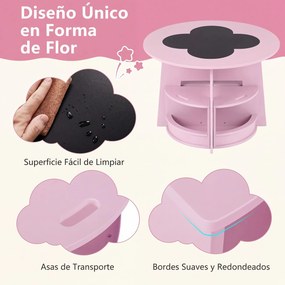 Conjunto de 5 Peças, Mesa Redonda Infantil e 4 Bancos com Arrumação, 70 x 70 x 49 cm, Design Empilhável, cor-de-rosa