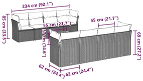 9 pcs conjunto sofás p/ jardim c/ almofadões vime PE cinzento