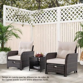 Conjunto de jardim de rattan de 5 peças com 2 cadeiras 2 Pufes Mesa de centro de vidro temperado Almofadas macias mistura de castanho e Bege
