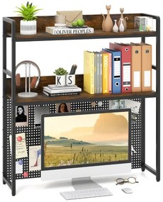 Prateleira de mesa de 4 níveis com painel de grade de metal e 6 ganchos - Café