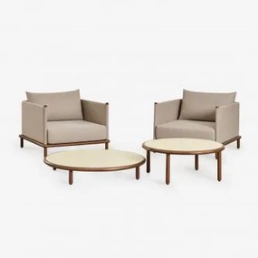 Conjunto De Sala Com 2 Poltronas E 2 Mesas De Centro Redondas Em Madeira De Acácia Olivia Beige Semoline & Castanho-acácia Escuro - Sklum