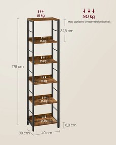 Estante com 6 prateleiras 30 x 40 x 178 cm Design industrial castanho vintage-Preto
