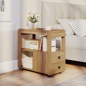 Mesa Lateral para Sofá ou Mesa de Cabeceira 65 x 30 x 62 cm com 2 Gavetas e Prateleiras Abertas com Rodas para Sala Natural