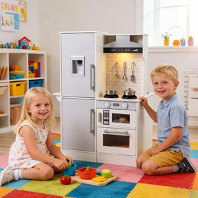 Cozinha de brincar dupla face em madeira 73 x 55 x 98 cm com dispensador de água, micro-ondas e utensílios simulados, luzes e sons, para maiores de 3