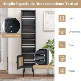Estante em rattan estreito 29,5 x 29,5 x 137 cm com porta e prateleira ajustável para sala de estar Preto