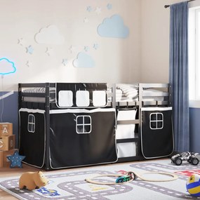 vidaXL Beliche com cortinas 90x200 cm pinho maciço branco e preto